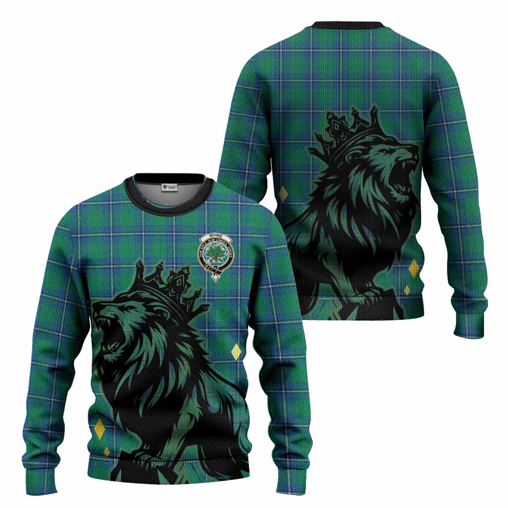 Irvine Tartan Family Crest Knitted Sweater Crowned Lion Roaring