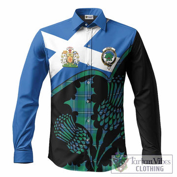 Irvine Tartan Family Crest Long Sleeve Button Shirts Scotland Thistle Floral Flag Style