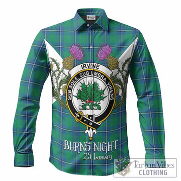 Irvine Tartan Family Crest Long Sleeve Button Shirts Scottish Burns Night Thistle Floral