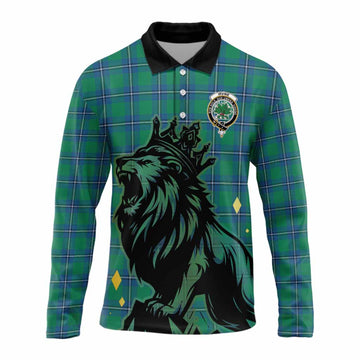 Irvine Tartan Family Crest Long Sleeve Polo Shirt Crowned Lion Roaring