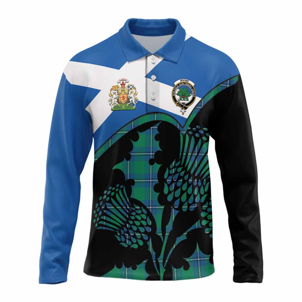 Irvine Tartan Family Crest Long Sleeve Polo Shirt Scotland Thistle Floral Flag Style