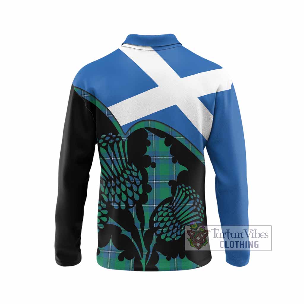 Irvine Tartan Family Crest Long Sleeve Polo Shirt Scotland Thistle Floral Flag Style