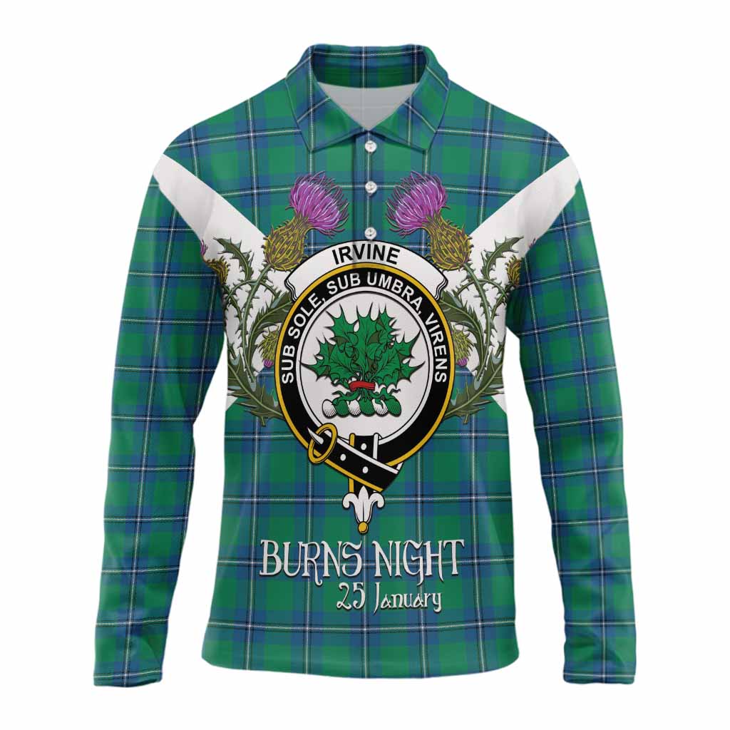 Irvine Tartan Family Crest Long Sleeve Polo Shirt Scottish Burns Night Thistle Floral