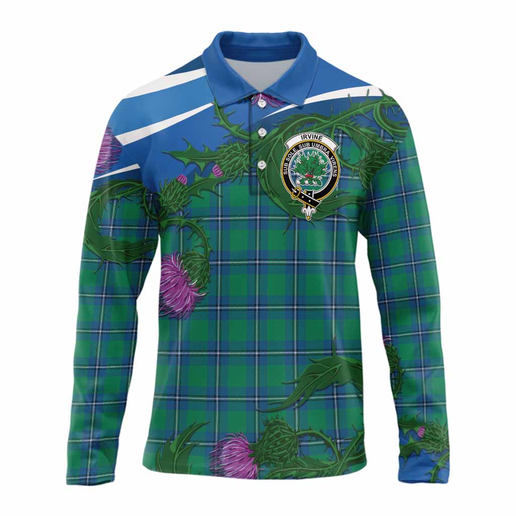 Irvine Tartan Family Crest Long Sleeve Polo Shirt Thistle in Minimalism