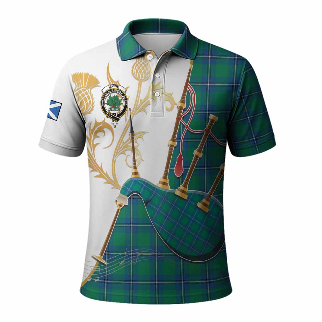 Irvine Tartan Family Crest Polo Shirt Bagpipes with Scottish Thistle