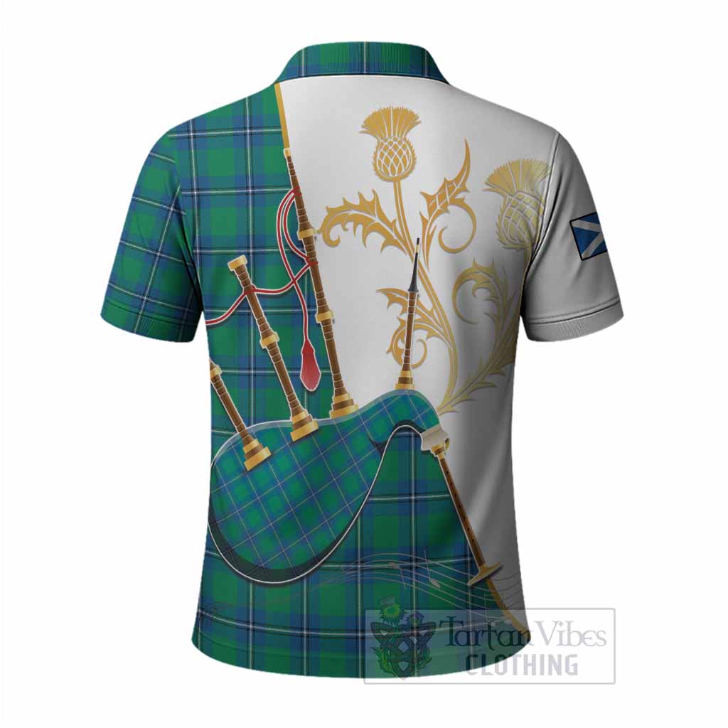 Irvine Tartan Family Crest Polo Shirt Bagpipes with Scottish Thistle