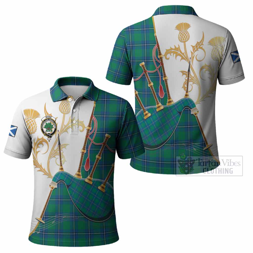 Irvine Tartan Family Crest Polo Shirt Bagpipes with Scottish Thistle