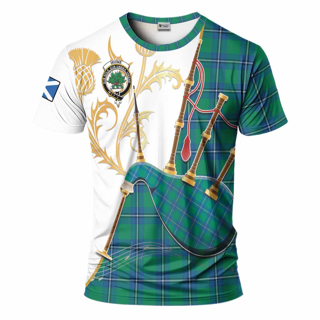 Irvine Tartan Family Crest T-Shirt Bagpipes with Scottish Thistle