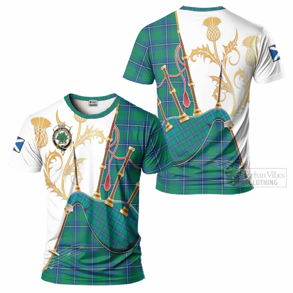 Irvine Tartan Family Crest T-Shirt Bagpipes with Scottish Thistle