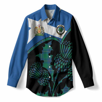 Irvine Tartan Family Crest Women Casual Shirt Scotland Thistle Floral Flag Style