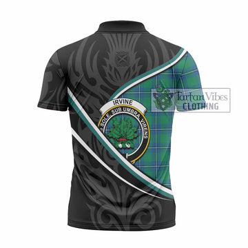 Irvine Tartan Family Crest Zipper Polo Shirt Celtic Scottish Thistle Floral