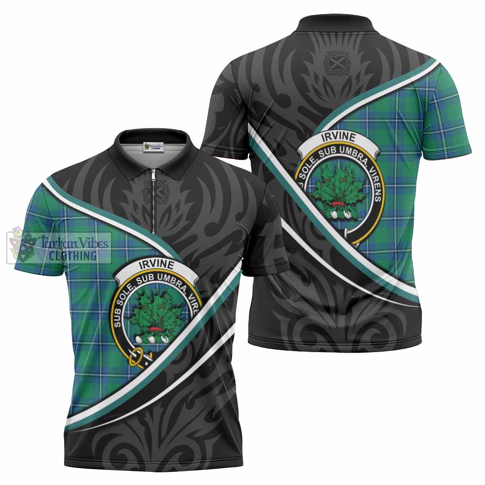 Irvine Tartan Family Crest Zipper Polo Shirt Celtic Scottish Thistle Floral - Tartan Vibes Clothing