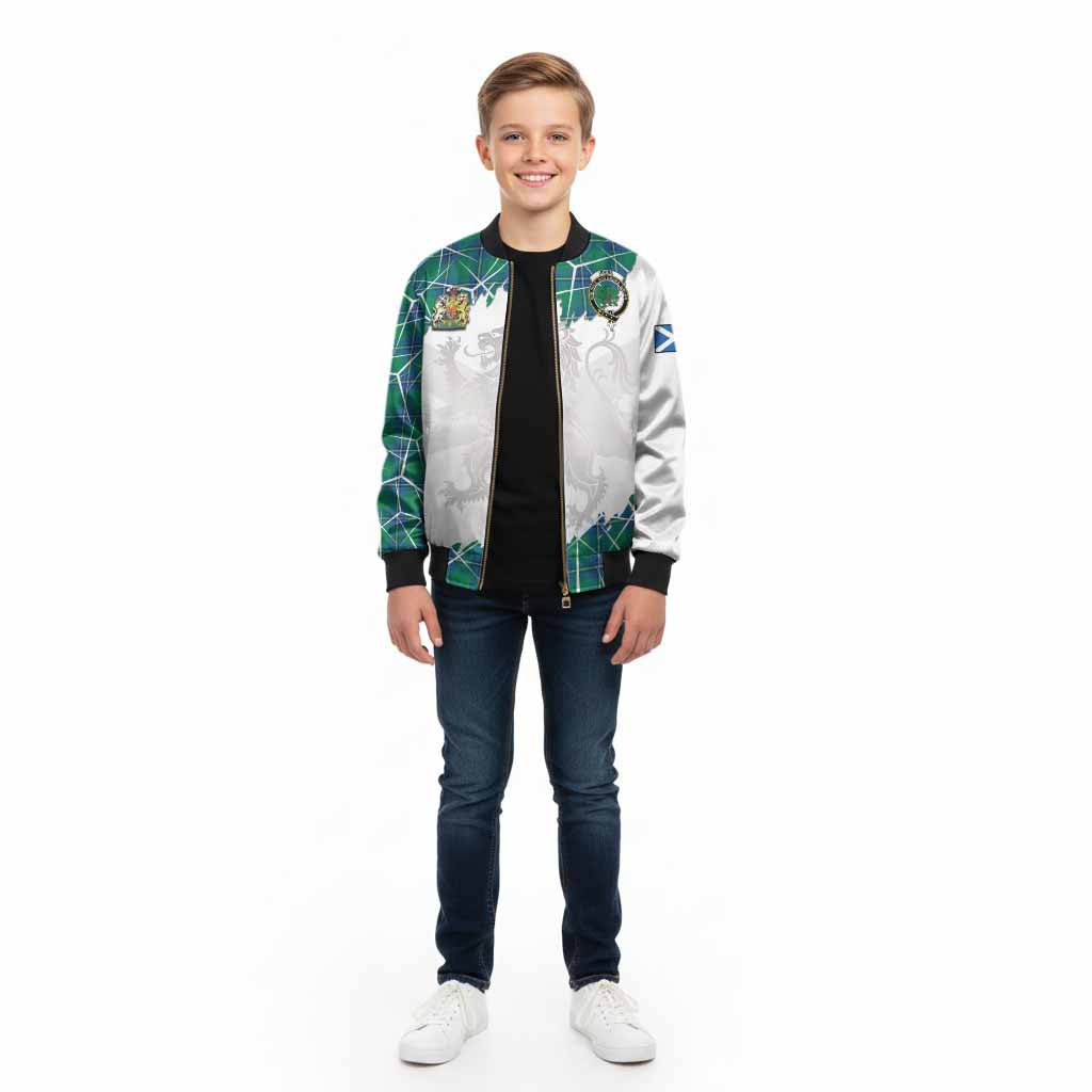 Irvine Tartan Kid Bomber Jacket with Family Crest and Lion Rampant Grunge Style