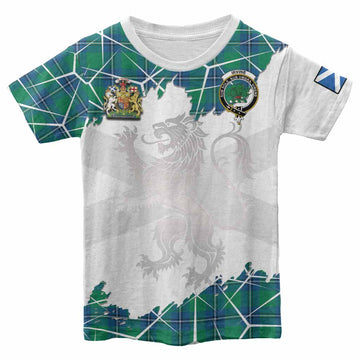 Irvine Tartan Kid T-shirt with Family Crest and Lion Rampant Grunge Style