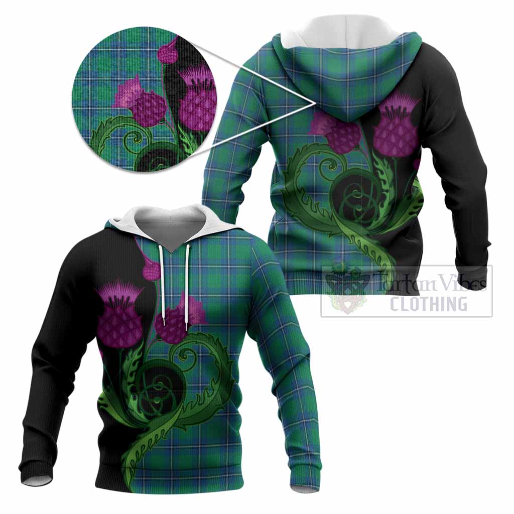 Irvine Tartan Knitted Hoodie Traditional Scottish Thistle