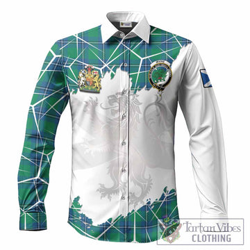 Irvine Tartan Long Sleeve Button Shirts with Family Crest and Lion Rampant Grunge Style