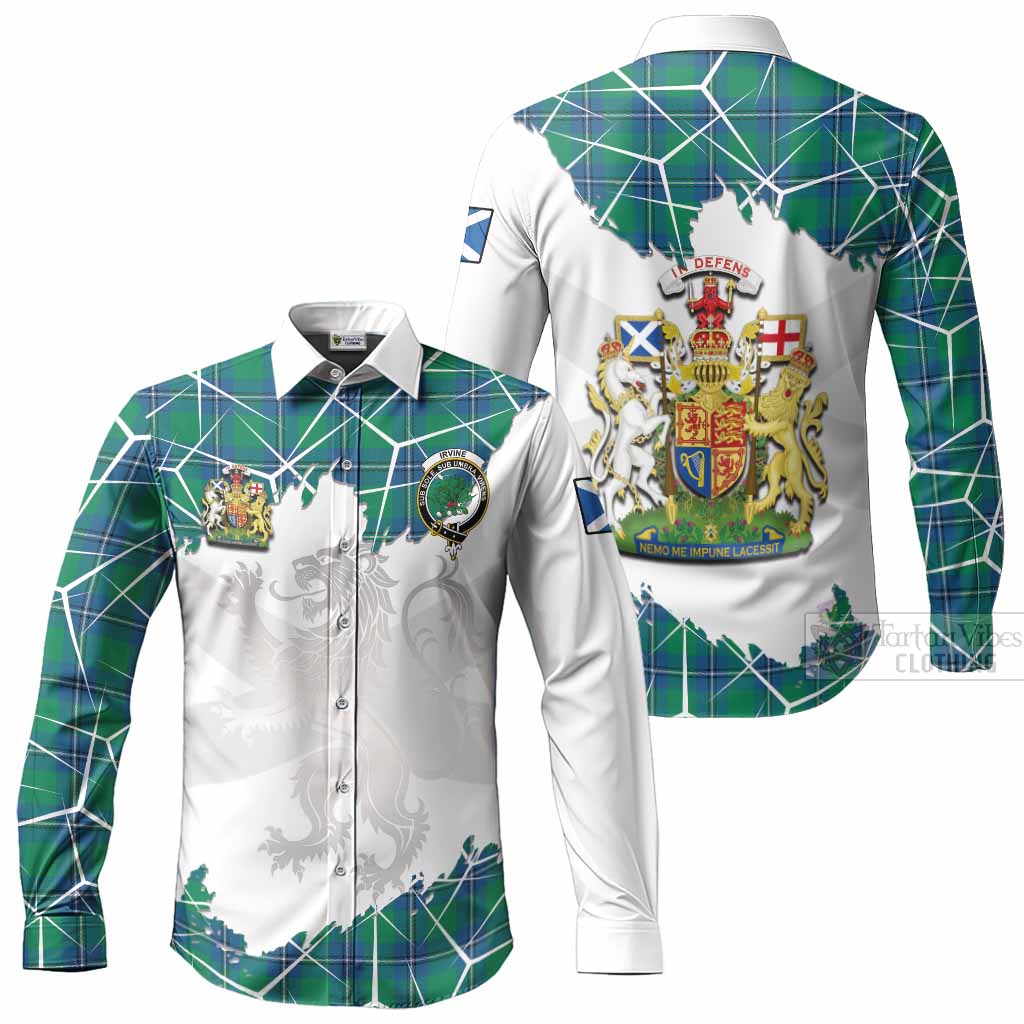 Irvine Tartan Long Sleeve Button Shirts with Family Crest and Lion Rampant Grunge Style
