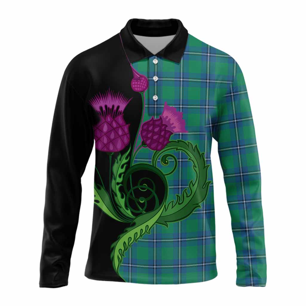 Irvine Tartan Long Sleeve Polo Shirt Traditional Scottish Thistle
