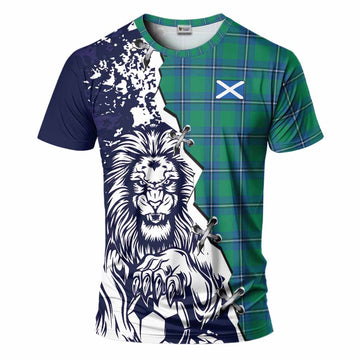 Irvine Tartan Scottish T-Shirt Angry Lion With Soccer Ball Style