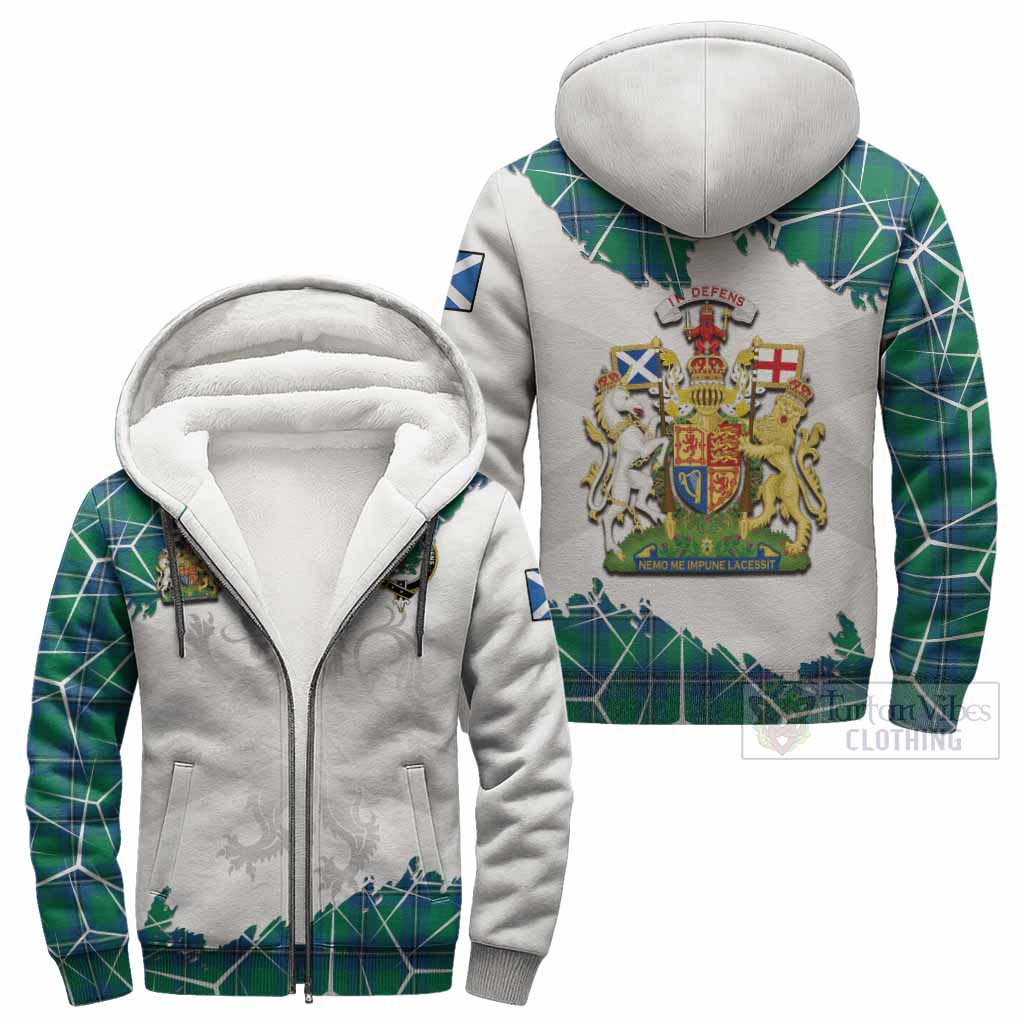 Irvine Tartan Sherpa Hoodie with Family Crest and Lion Rampant Grunge Style