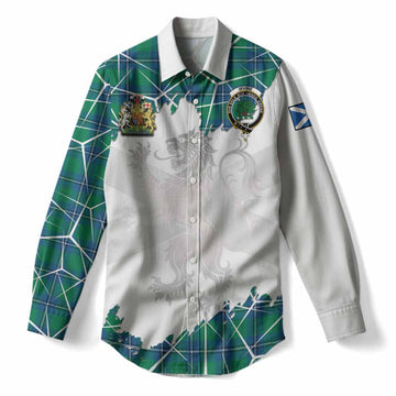 Irvine Tartan Women Casual Shirt with Family Crest and Lion Rampant Grunge Style