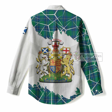 Irvine Tartan Women Casual Shirt with Family Crest and Lion Rampant Grunge Style