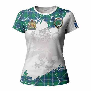 Irvine Tartan Women T shirt with Family Crest and Lion Rampant Grunge Style