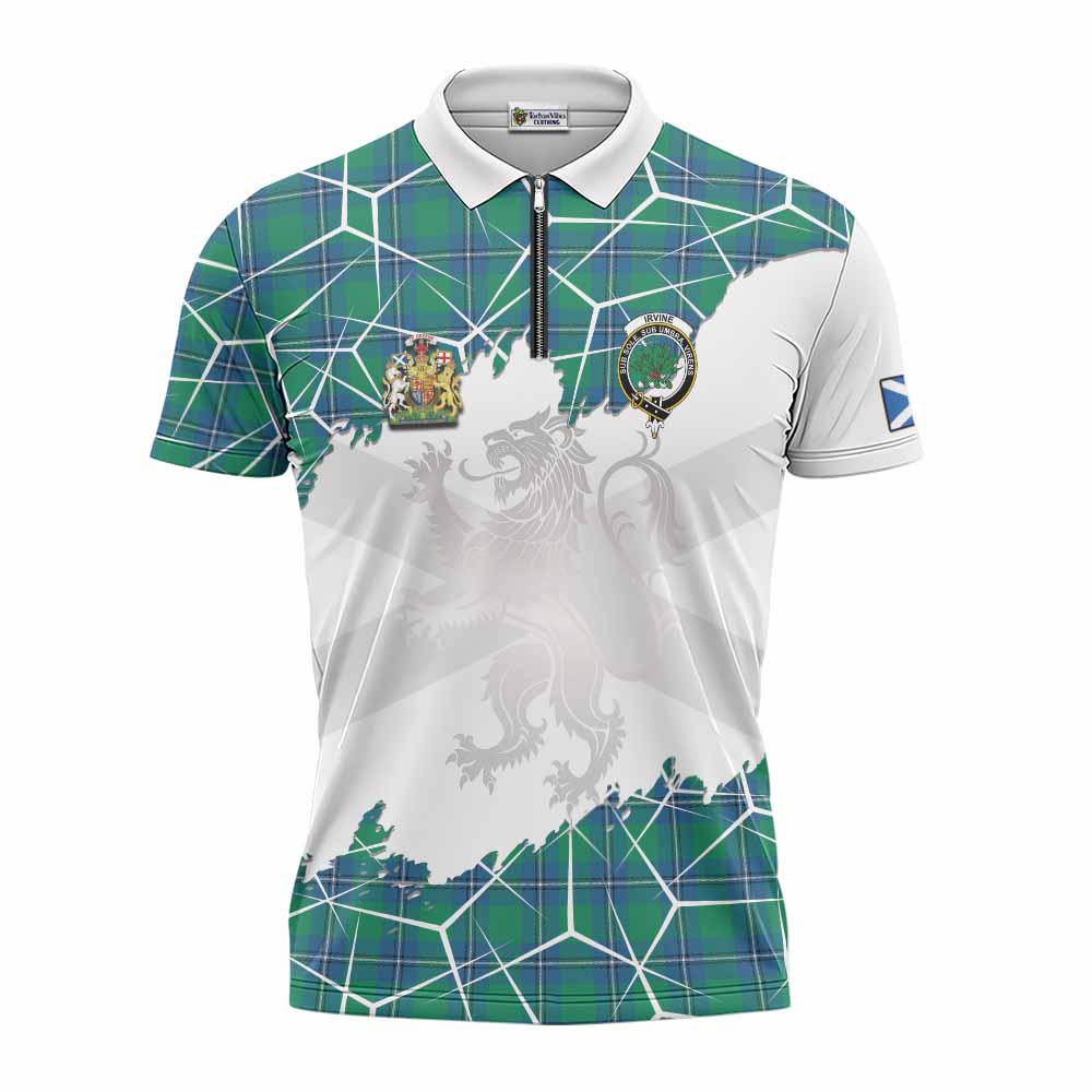 Irvine Tartan Zipper Polo Shirt with Family Crest and Lion Rampant Grunge Style