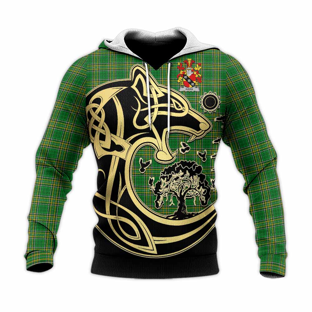 Ivers Irish Tartan Knitted Hoodie with Coat of Arms Celtic Wolf Style Unisex Knitted Pullover Hoodie - Tartan Vibes Clothing
