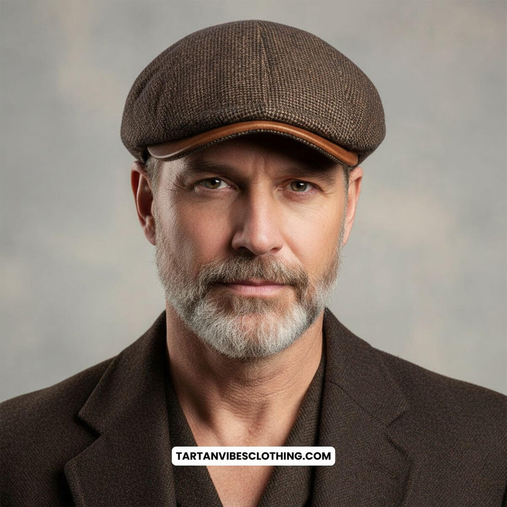 Man wearing a brown textured ivy cap with leather trim