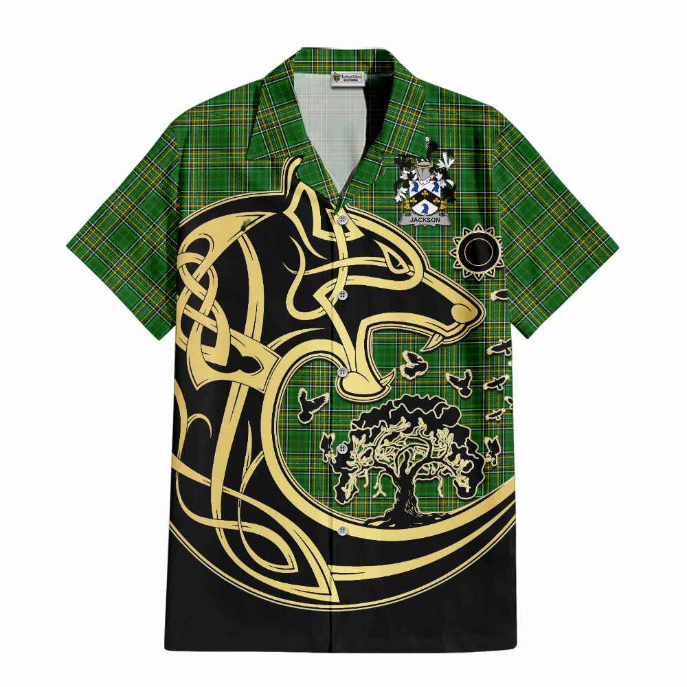 Tartan Vibes Clothing Jackson Irish Tartan Short Sleeve Button Shirt with Coat of Arms Celtic Wolf Style