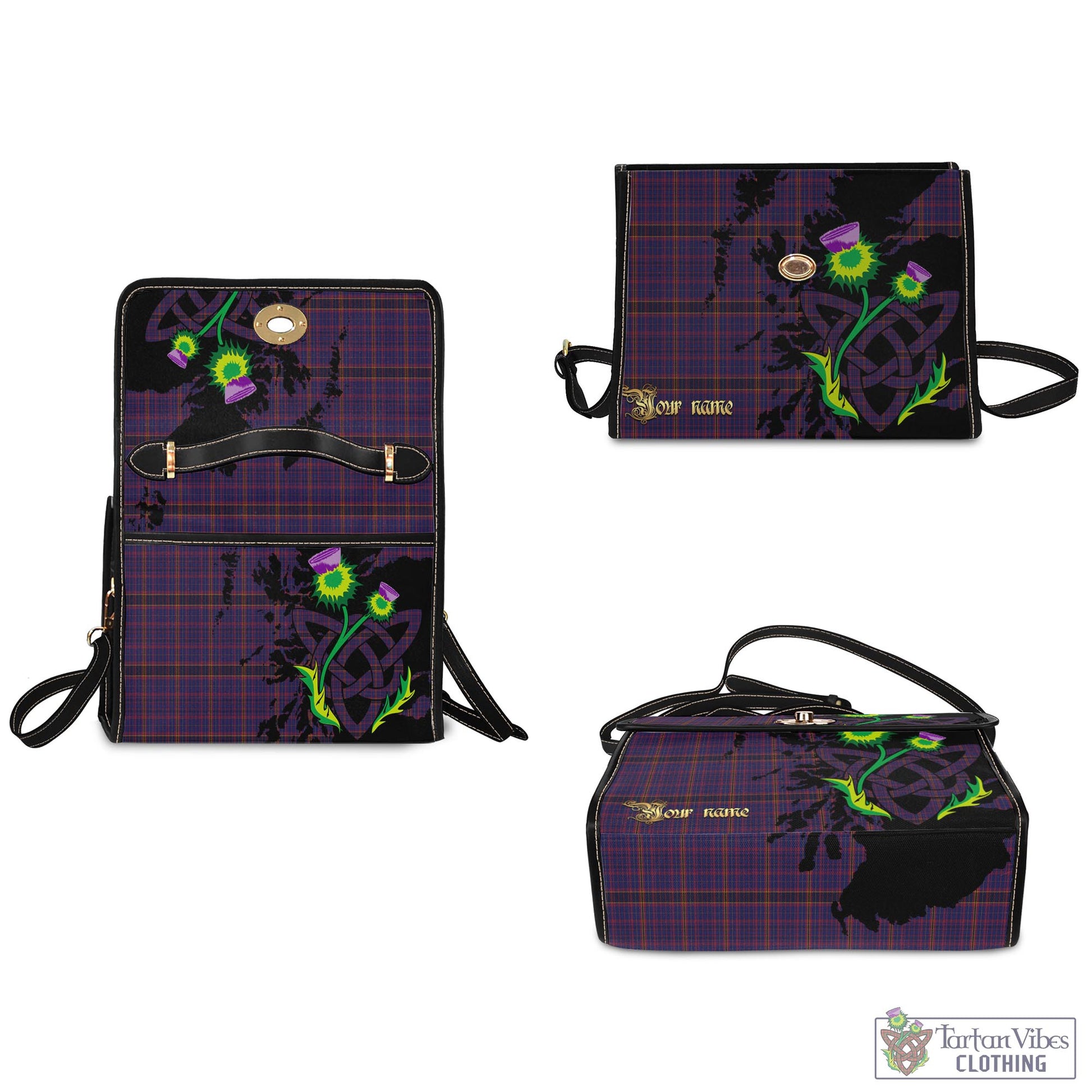 Tartan Vibes Clothing James of Wales Tartan Waterproof Canvas Bag with Scotland Map and Thistle Celtic Accents