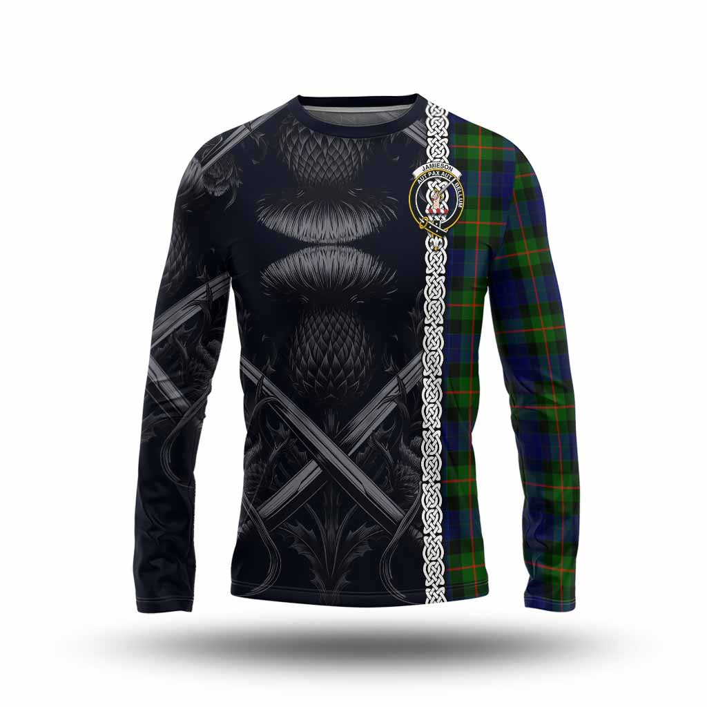 Jamieson Tartan Long Sleeve T-Shirt with Family Crest Cross Sword Thistle Celtic Vibes Unisex - Tartan Vibes Clothing
