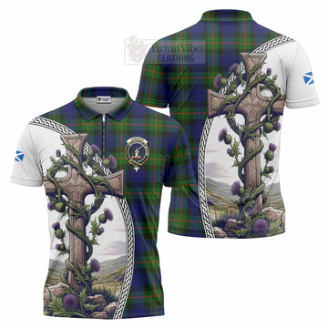 Jamieson Tartan Zipper Polo Shirt with Family Crest and St. Andrew's Cross Accented by Thistle Vines Unisex - Tartan Vibes Clothing
