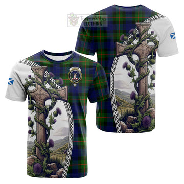 Jamieson Tartan Cotton T-shirt with Family Crest and St. Andrew's Cross Accented by Thistle Vines