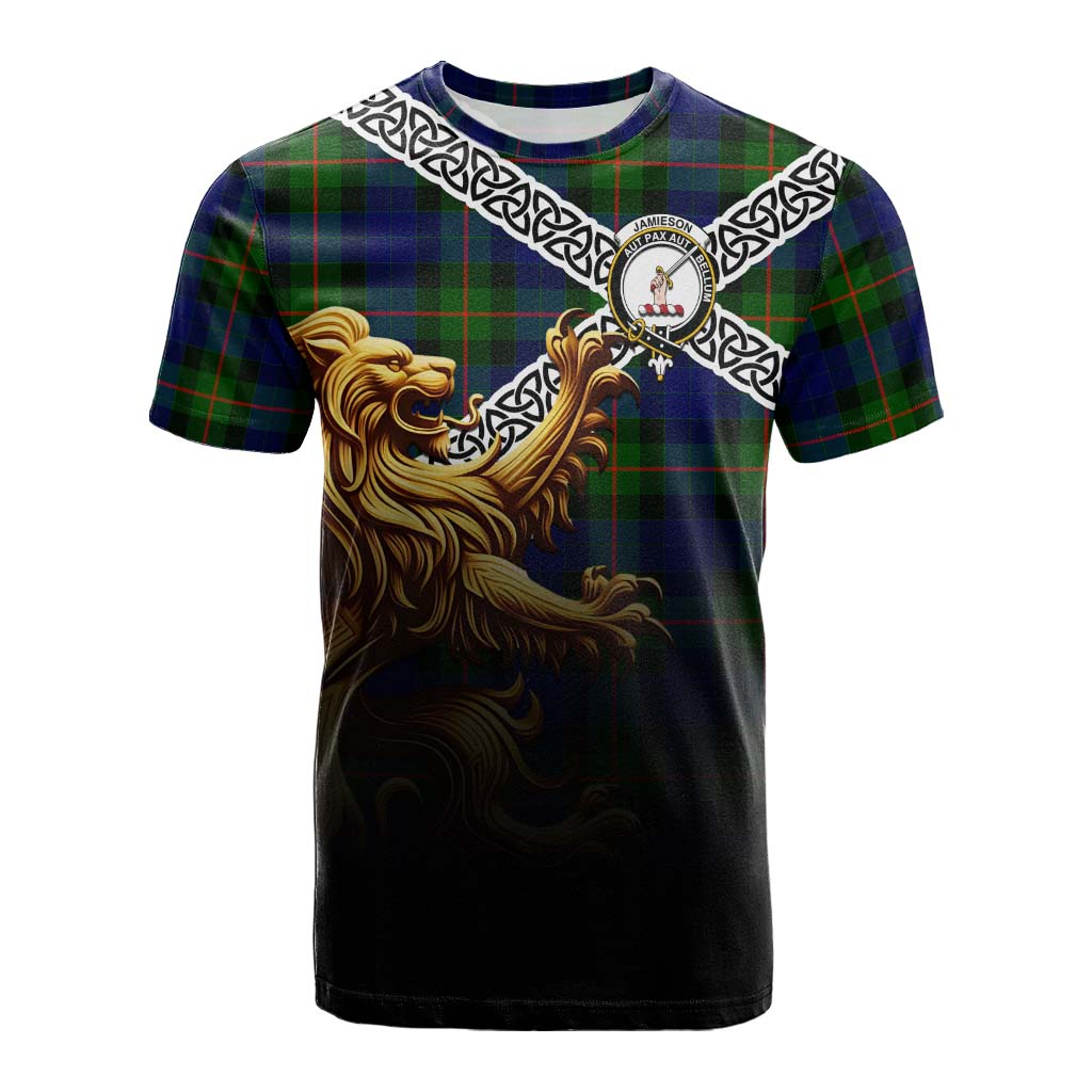 Tartan Vibes Clothing Jamieson Crest Tartan Cotton T-shirt with Golden Lion Emblem Celtic Style