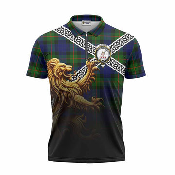 Jamieson Crest Tartan Zipper Polo Shirt with Golden Lion Emblem Celtic Style Unisex - Tartan Vibes Clothing