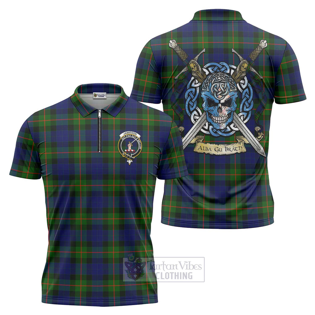 Jamieson Tartan Zipper Polo Shirt with Family Crest Celtic Skull Style Unisex - Tartan Vibes Clothing