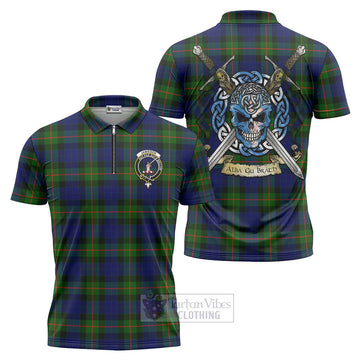 Jamieson Tartan Zipper Polo Shirt with Family Crest Celtic Skull Style Unisex - Tartan Vibes Clothing