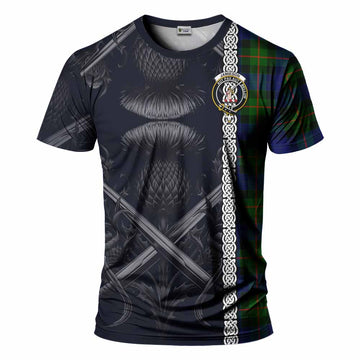 Jamieson Tartan T-Shirt with Family Crest Cross Sword Thistle Celtic Vibes