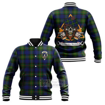 Jamieson Tartan Baseball Jacket with Family Crest and Bearded Skull Holding Bottles of Whiskey Unisex - Tartan Vibes Clothing