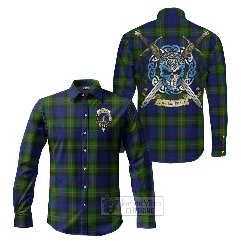 Jamieson Tartan Long Sleeve Button Shirt with Family Crest Celtic Skull Style Men's Shirt S - Tartan Vibes Clothing