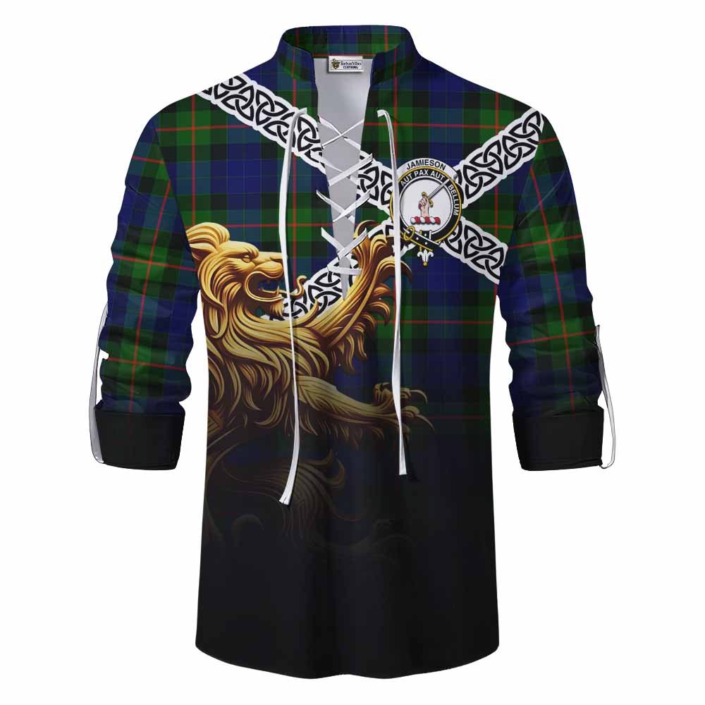 Jamieson Crest Tartan Ghillie Kilt Shirt with Golden Lion Emblem Celtic Style Men - Tartan Vibes Clothing
