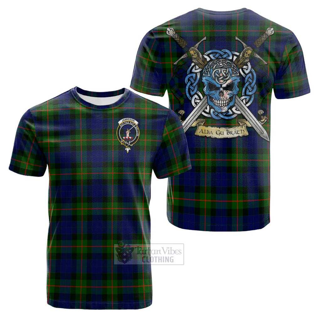 Tartan Vibes Clothing Jamieson Tartan Cotton T-shirt with Family Crest Celtic Skull Style
