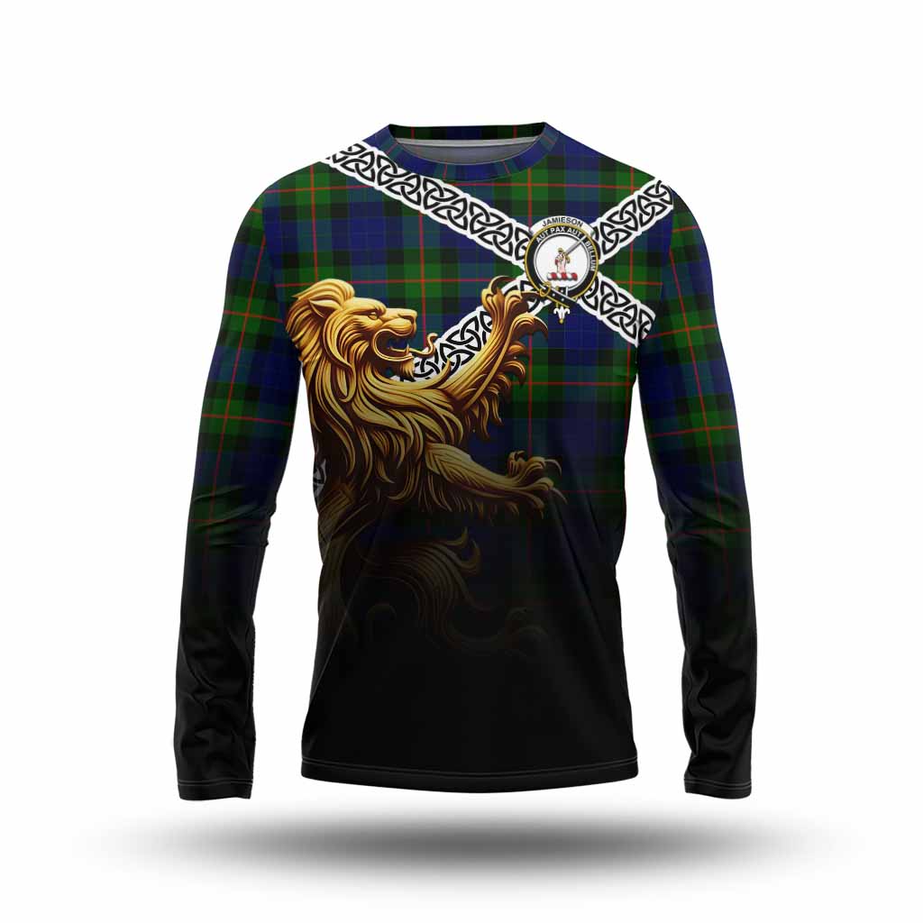 Jamieson Crest Tartan Long Sleeve T-Shirt with Golden Lion Emblem Celtic Style Unisex - Tartan Vibes Clothing