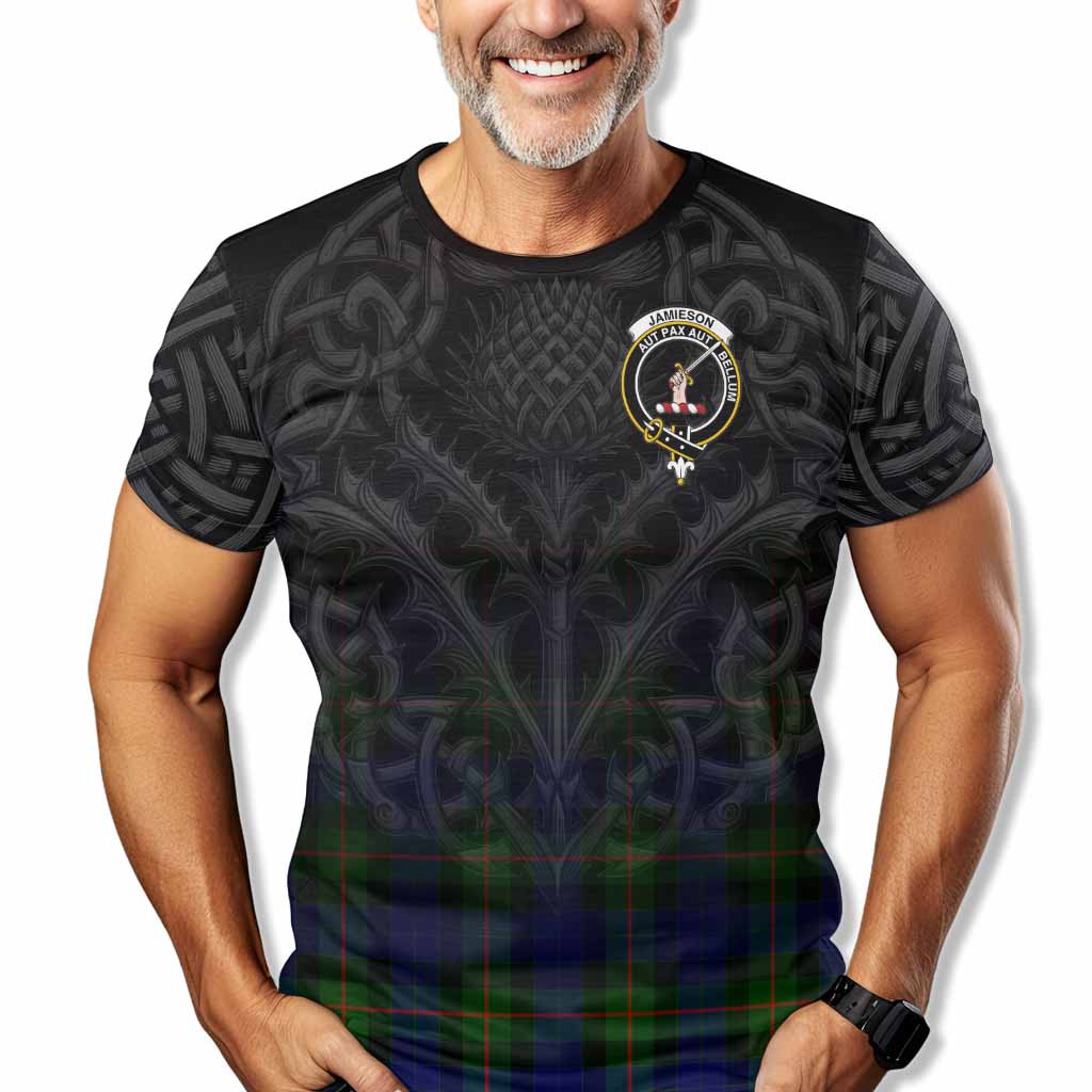 Tartan Vibes Clothing Jamieson Tartan T-Shirt with Family Crest Celtic Thistle Vibes