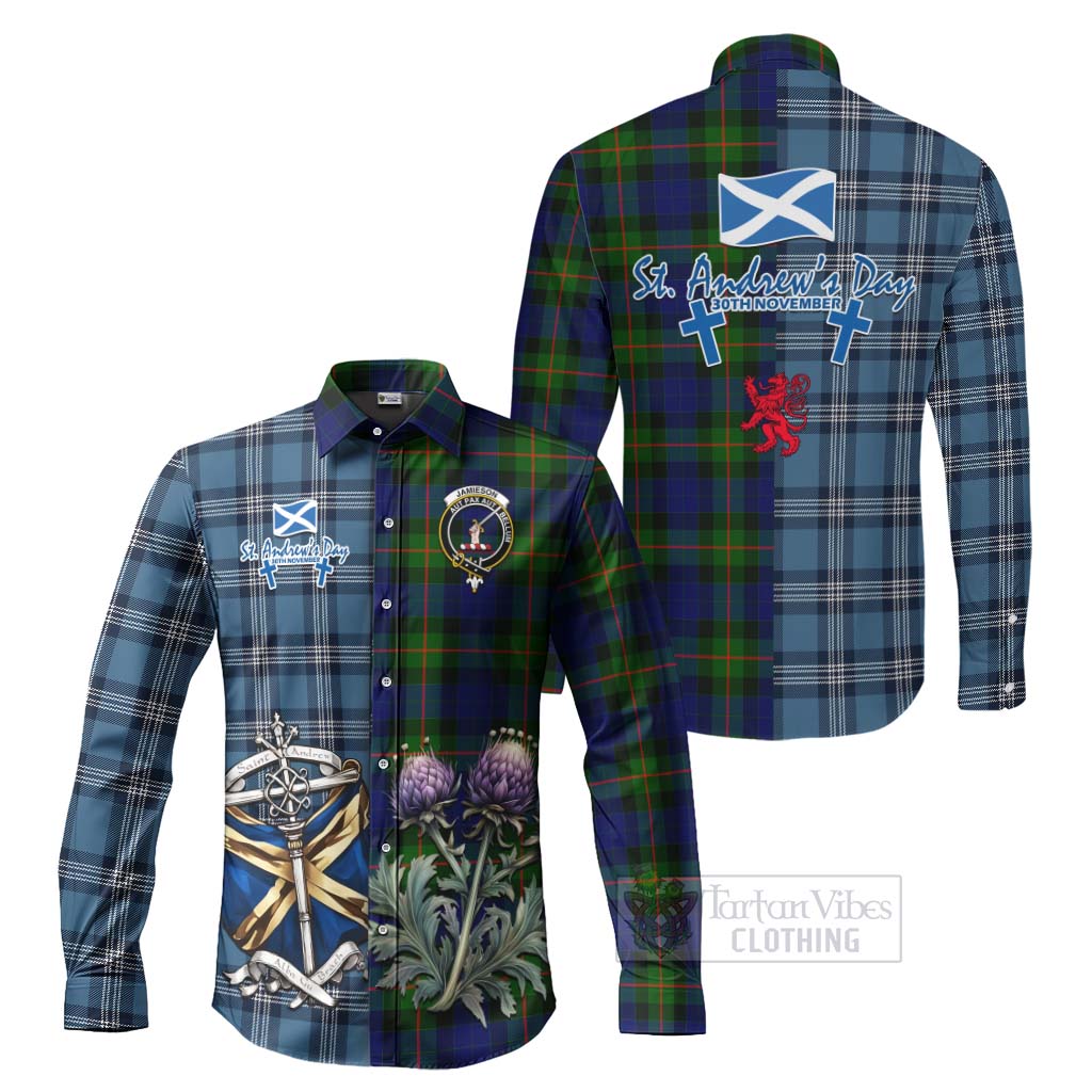 Jamieson Tartan Long Sleeve Button Shirt Happy St. Andrew's Day Half Tartan Style Men's Shirt S - Tartan Vibes Clothing