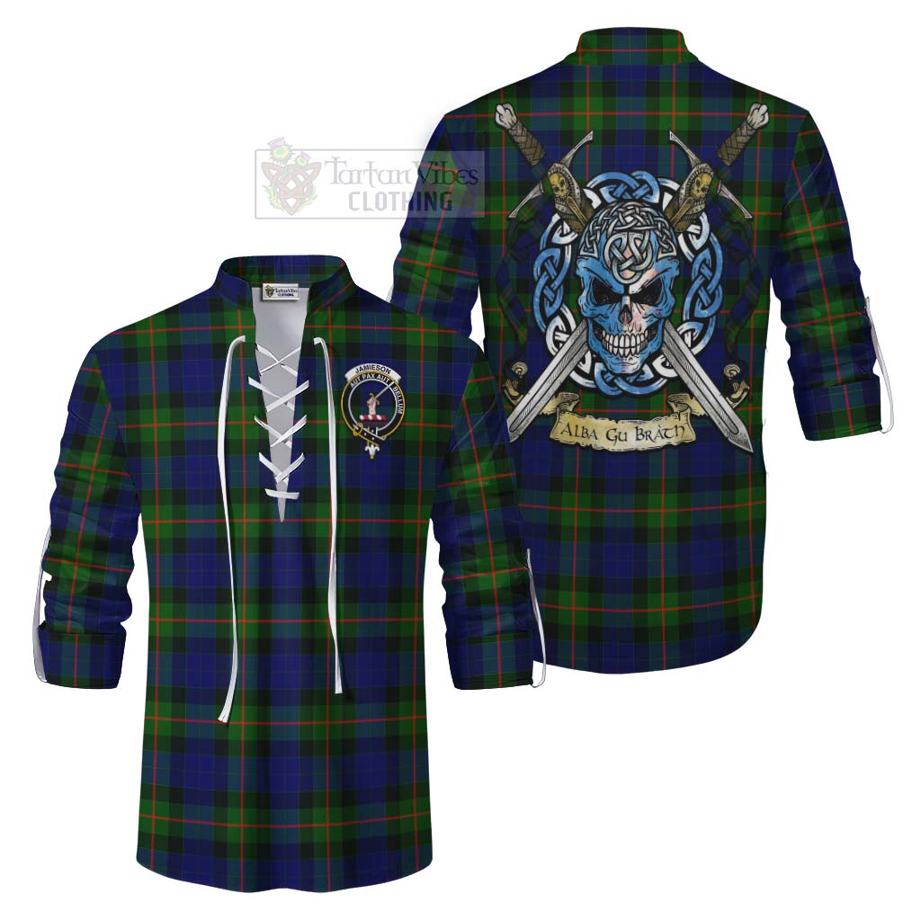 Jamieson Tartan Ghillie Kilt Shirt with Family Crest Celtic Skull Style Men - Tartan Vibes Clothing