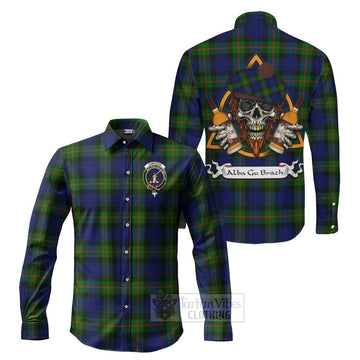 Jamieson Tartan Long Sleeve Button Shirt with Family Crest and Bearded Skull Holding Bottles of Whiskey Men's Shirt S - Tartan Vibes Clothing