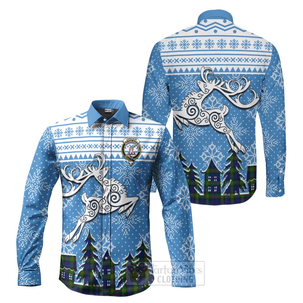 Jamieson Clan Christmas Long Sleeve Button Shirt Celtic Reindeer Style Men's Shirt S - Tartan Vibes Clothing